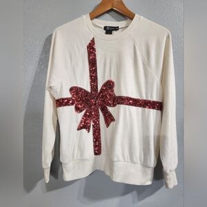 Miss Chievous Cream Velour Sweatshirt with Red Sequin Bow Medium Lounge